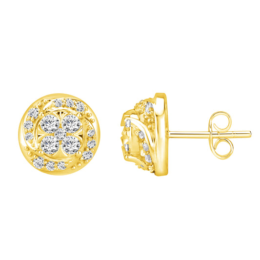 LADIES EARRINGS 1.00CT ROUND DIAMOND 10K YELLOW GOLD