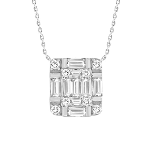 LADIES PENDANT WITH CHAIN 0.25CT ROUND/BAGUETTE DIAMOND 14K WHITE GOLD