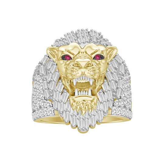 MEN'S RING 1.50CT ROUND/BAGUETTE/RUBY DIAMOND 10K YELLOW GOLD