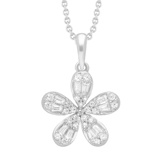 LADIES PENDANT WITH CHAIN 0.50CT ROUND/BAGUETTE DIAMOND 14K WHITE GOLD