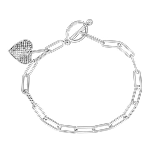 0.25CT Round Diamond Heart Charm Bracelet Sterling Silver White Paperclip Chain Bracelet For Women
