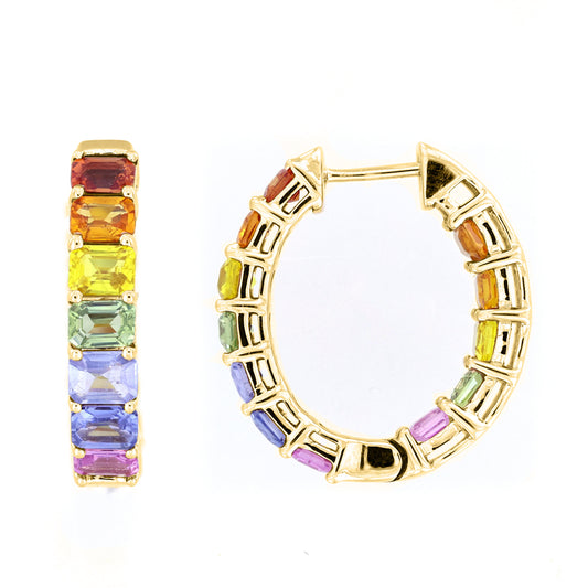 LADIES HOOPS EARRINGS 6.00CT EMERALD DIAMOND 14K YELLOW GOLD (COLOUR STONE MIX-6.00CT)