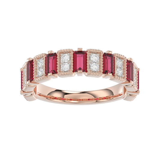LADIES BAND 1.30CT ROUND/BAGUETTE RUBY DIAMOND 14K ROSE GOLD