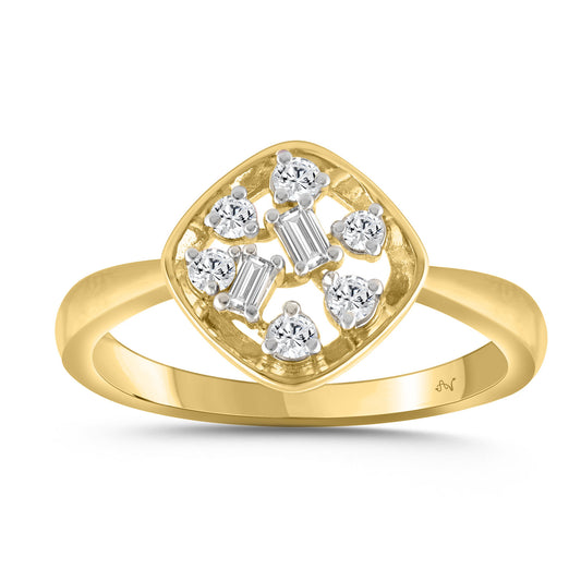 LADIES RING 0.20CT ROUND/BAGUETTE DIAMOND 10K YELLOW GOLD