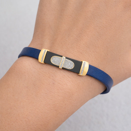 0.25 Ct Round Diamond Men�S Bracelet Yellow Gold With Rubber Strap (Blue/Black)