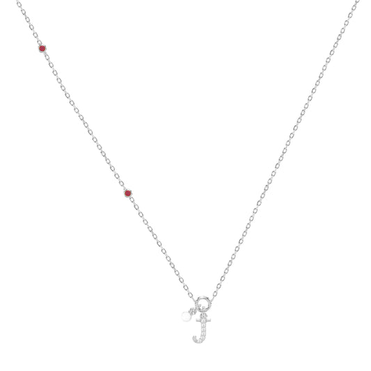 Sterling Silver Ladies 0.10CT Round/Ruby Diamond Pearl āJā Alphabet Necklace Elegant Initial Jewelry