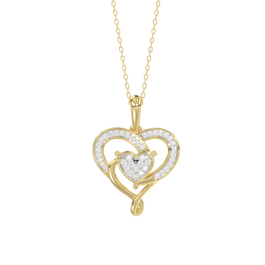 10K YELLOW GOLD DOUBLE HEART DIAMOND PENDANT FOR LADIES 0.15CT ROUND DIAMOND PENDANT WITH CHAIN