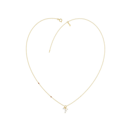 Stylish 10K Yellow Gold Ladies âFâ Letter Necklace Featuring Round Ruby Diamonds And Pearl Accents. A Delicate And Personalized Fine Jewelry