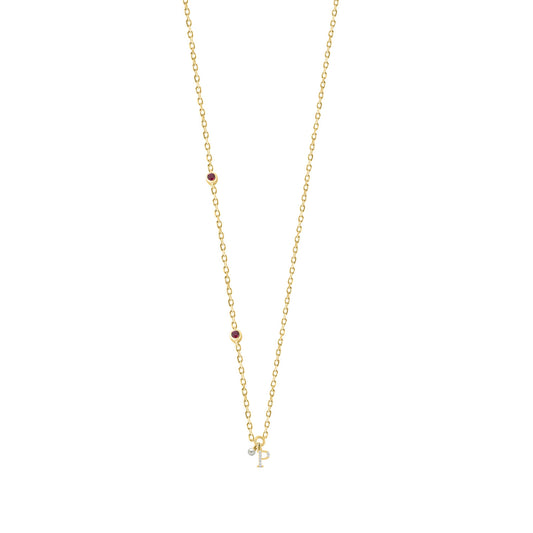 Stylish 10K Yellow Gold Ladies āPā Letter Necklace Featuring Round Ruby Diamonds And Pearl Accents. A Delicate And Personalized Fine Jewelry
