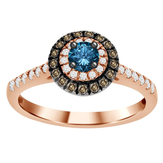 LADIES RING 0.55CT ROUND/BLUE SAPPHIRE/DARK BROWN DIAMOND 14K ROSE GOLD