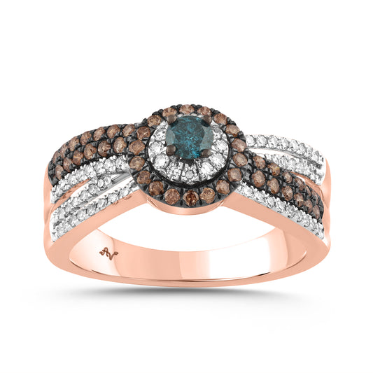 LADIES RING 0.75CT ROUND/BLUE/DARK BROWN 14K ROSE GOLD