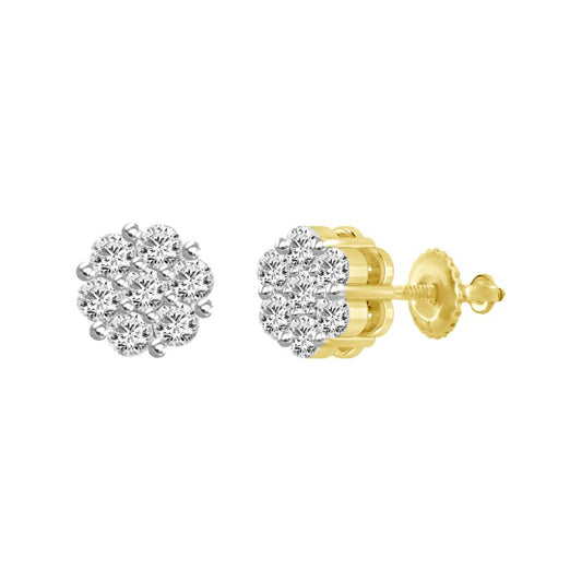 LADIES FLOWER EARRINGS 0.25CT ROUND DIAMOND 14K YELLOW GOLD