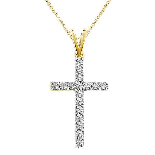 LADIES CROSS PENDANT WITH CHAIN 0.25CT ROUND DIAMOND 14K YELLOW GOLD
