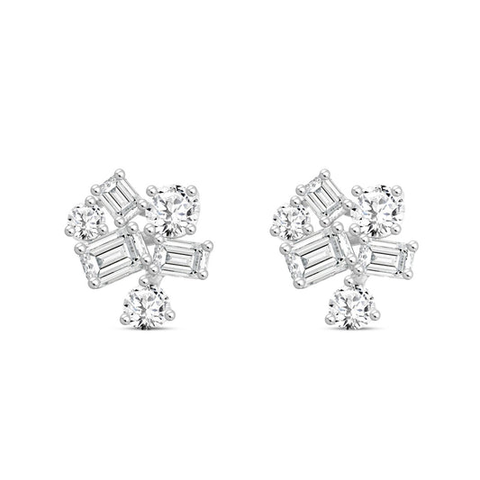 LADIES STUD EARRINGS 3 1/2CT EMERALD/ROUND DIAMOND 14K WHITE GOLD