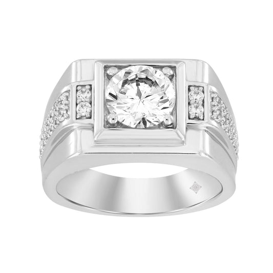 MEN'S RING 2 1/2 CT ROUND DIAMOND 14K WHITE GOLD (CENTER STONE ROUND DIAMOND 2CT )