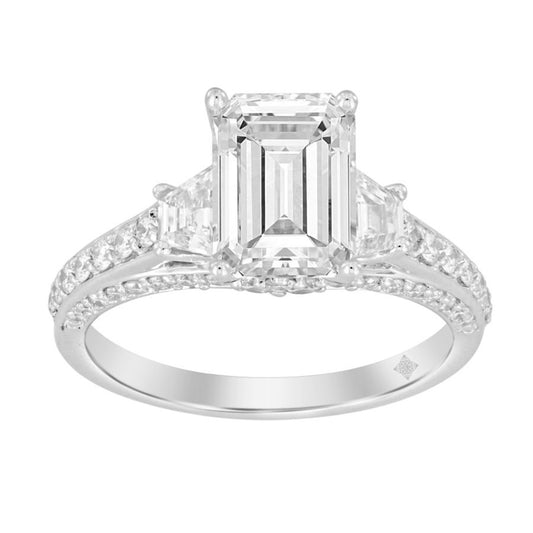 LADIES RING 3CT ROUND/EMERALD/TRAPEZOID DIAMOND 14K WHITE GOLD (CENTER STONE EMERALD DIAMOND 2CT )