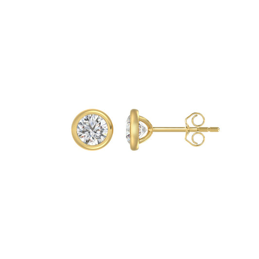 LADIES SOLITAIRE EARRINGS 1CT ROUND DIAMOND 14K YELLOW GOLD