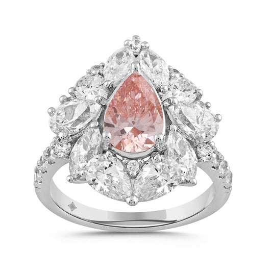 ETERNAL BLUSH COLLECTION 14K WHITE/ROSE GOLD 4 1/2CT ROUND/PEAR/MARQUISE DIAMOND LADIES RING (CENTER STONE PINK PEAR DIAMOND 2.00CT)
