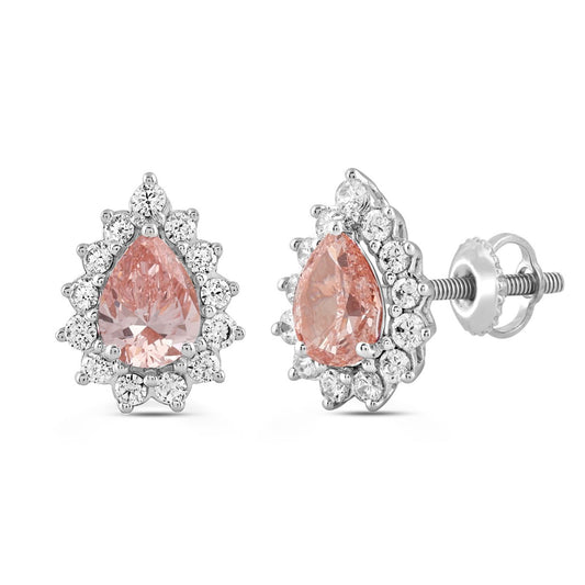 ETERNAL BLUSH COLLECTION LADIES EARRINGS 3CT ROUND/PEAR DIAMOND 14K WHITE GOLD (CENTER STONE PINK PEAR DIAMOND 1CT)