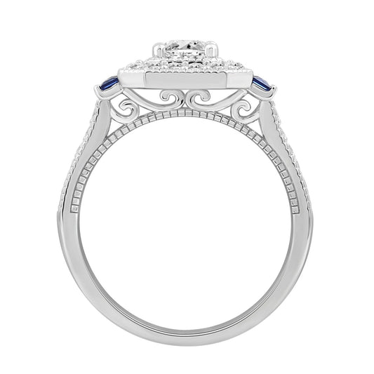 LADIES RING 1CT ROUND/PRINCESS BLUE SAPPHIRE DIAMOND 14K WHITE GOLD (CENTER STONE ROUND DIAMOND 1/6CT )