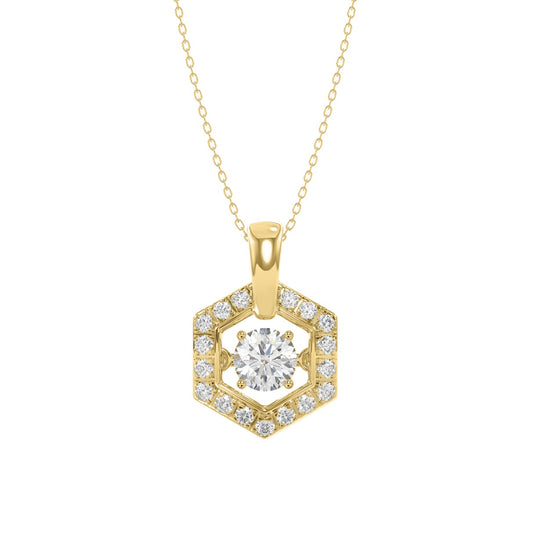 LADIES DANCING DIAMOND PENDANT WITH CHAIN 1/2CT ROUND DIAMOND 14K YELLOW GOLD (CENTER STONE ROUND DIAMOND 1/3CT)