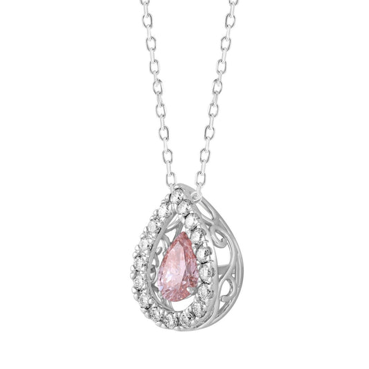 LADIES PENDANT WITH CHAIN 3/4CT ROUND/PEAR DIAMOND 14K WHITE GOLD (CENTER STONE PINK PEAR DIAMOND 1/2CT)