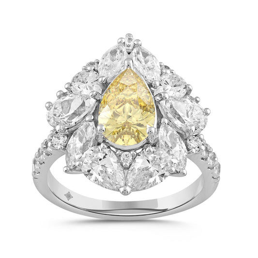 14K WHITE GOLD 4 1/2CT ROUND/PEAR/MARQUISE DIAMOND LADIES RING (CENTER STONE YELLOW PEAR DIAMOND 2.00CT)