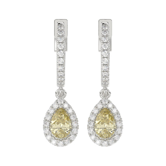 14K WHITE GOLD CRAFTED WITH 18K YELLOW GOLD BACK PLATE 1 1/2CT ROUND/YELLOW PEAR DIAMOND LADIES EARRINGS