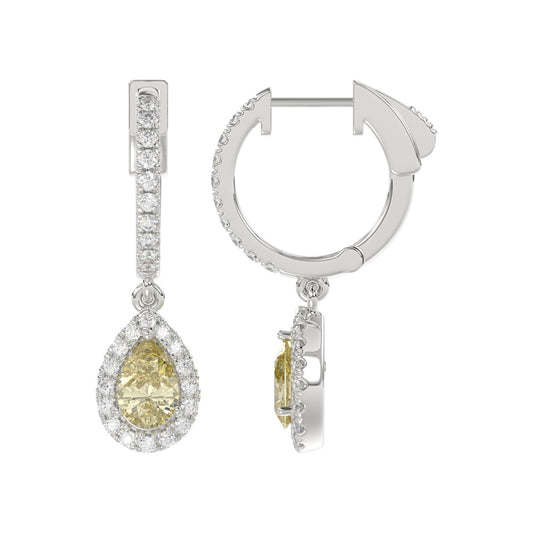 14K WHITE GOLD CRAFTED WITH 18K YELLOW GOLD BACK PLATE 1 1/2CT ROUND/YELLOW PEAR DIAMOND LADIES EARRINGS