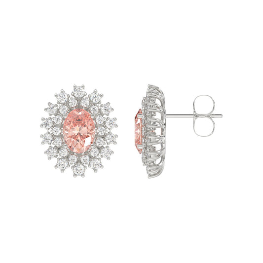 14K WHITE GOLD CRAFTED WITH 18K YELLOW GOLD BACK PLATE 1 1/2CT ROUND/PINK OVAL DIAMOND LADIES EARRINGS