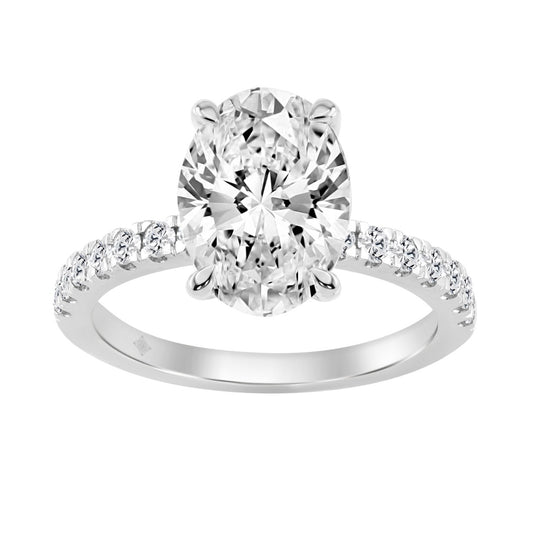 14K WHITE GOLD 3 1/2CT ROUND/OVAL DIAMOND LADIES RING (CENTER STONE OVAL DIAMOND 3CT)