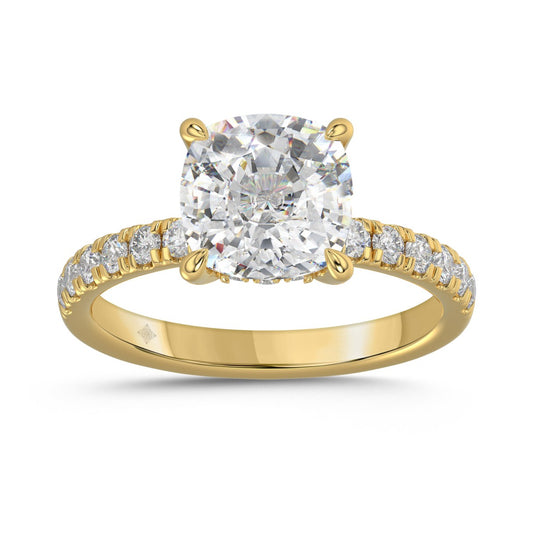 14K YELLOW GOLD 3 1/2CT ROUND/CUSHION DIAMOND LADIES RING (CENTER STONE CUSHION DIAMOND 3CT)