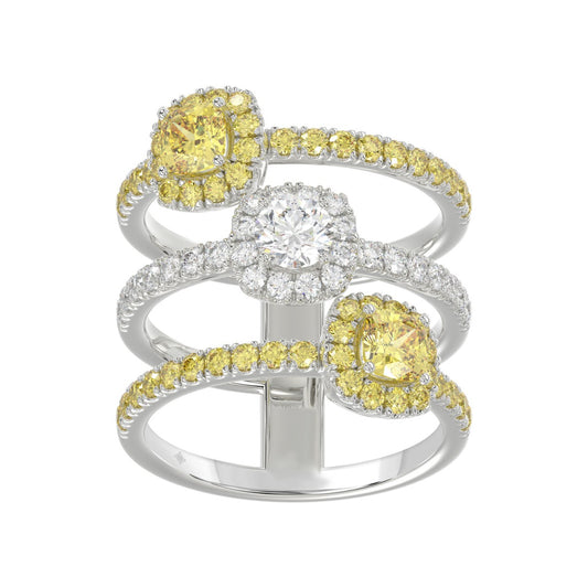 14K WHITE GOLD 2 1/2CT ROUND/YELLOW CUSHION DIAMOND LADIES RING