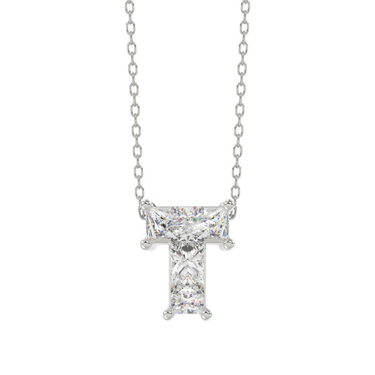 10K White Gold Diamond Initial “T” Pendant 1.00CT Fancy Cut Ladies Alphabet Charm with Chain
