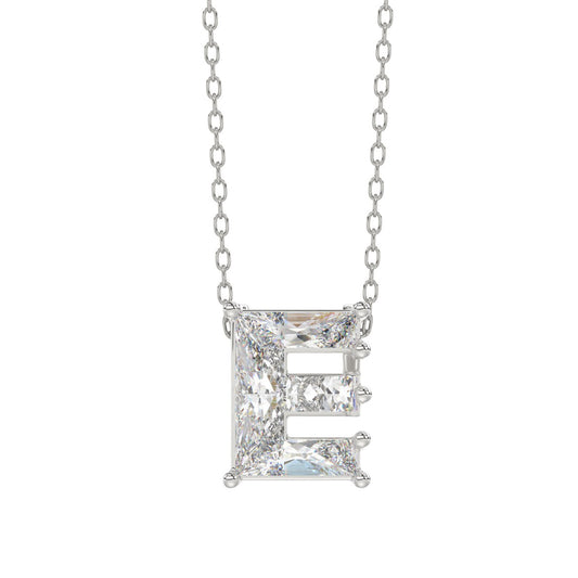 10K White Gold Diamond Initial “E” Pendant 1 1/2CT Fancy Cut Ladies Alphabet Charm with Chain