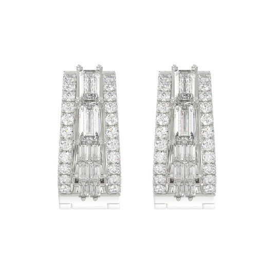 Classic 10K White Gold Round & Baguette Lab Grown Diamond ladies Hoop Earrings 3/4CT (Color F-G -Clarity VS1/VS2)