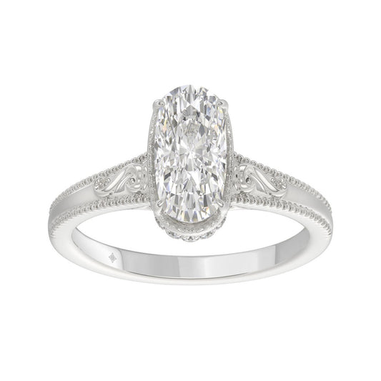 LADIES 14K White Gold 2 1/6Ct Diamond Engagement Ring Elongated Cushion Cut Center With Round Side Stones, Elegant Fine Ring 2Ct Cushion Center Stone (Color F-G -Clarity Vs1/Vs2)