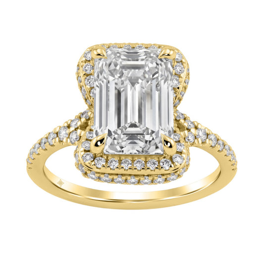 14K Yellow Gold 4 1/2Ct Ladies Emerald-Cut Hidden Halo Engagement Ring 4Ct Emerald Center Stone & Round Diamond (Color F-G -Clarity Vs1/Vs2)