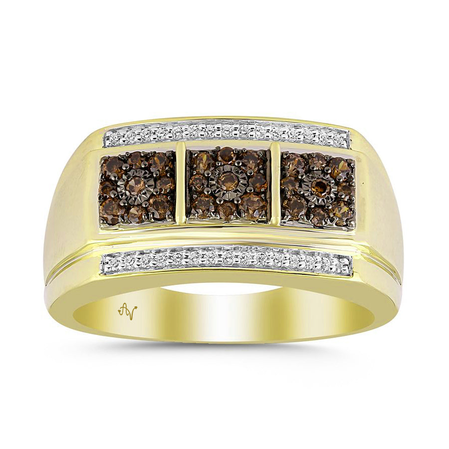 MEN'S RING 0.50CT DARK BROWN/ROUND DIAMOND 10K YELLOW GOLD