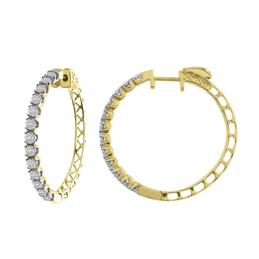 LADIES HOOP EARRINGS 1.00CT ROUND DIAMOND 10K YELLOW GOLD