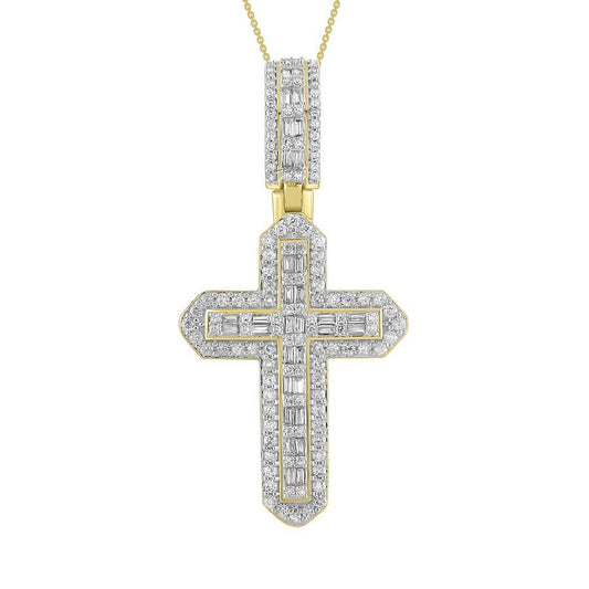 MEN'S CROSS CHARM 1.00CT ROUND/BAGUETTE DIAMOND 10K YELLOW GOLD