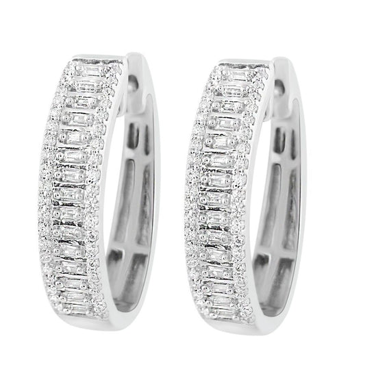 LADIES HOOP EARRINGS 0.50CT ROUND/BAGUETTE DIAMOND 10K WHITE GOLD