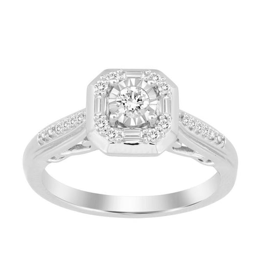 LADIES RING 0.25CT ROUND/BAGUETTE DIAMOND 10K WHITE GOLD