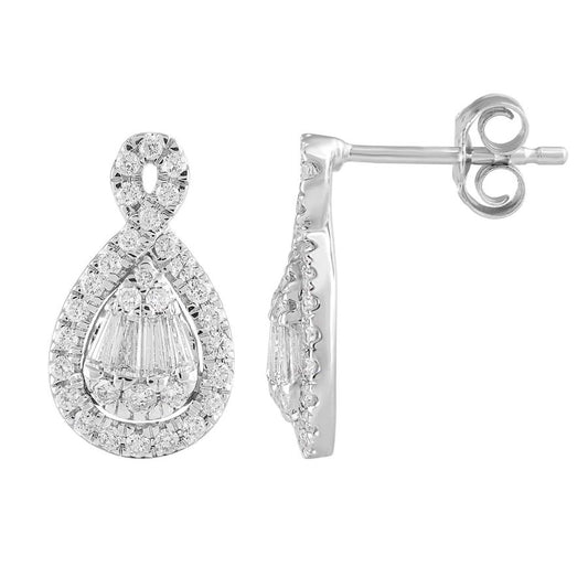 LADIES EARRINGS 0.75CT ROUND/BAGUETTE DIAMOND 14K WHITE GOLD