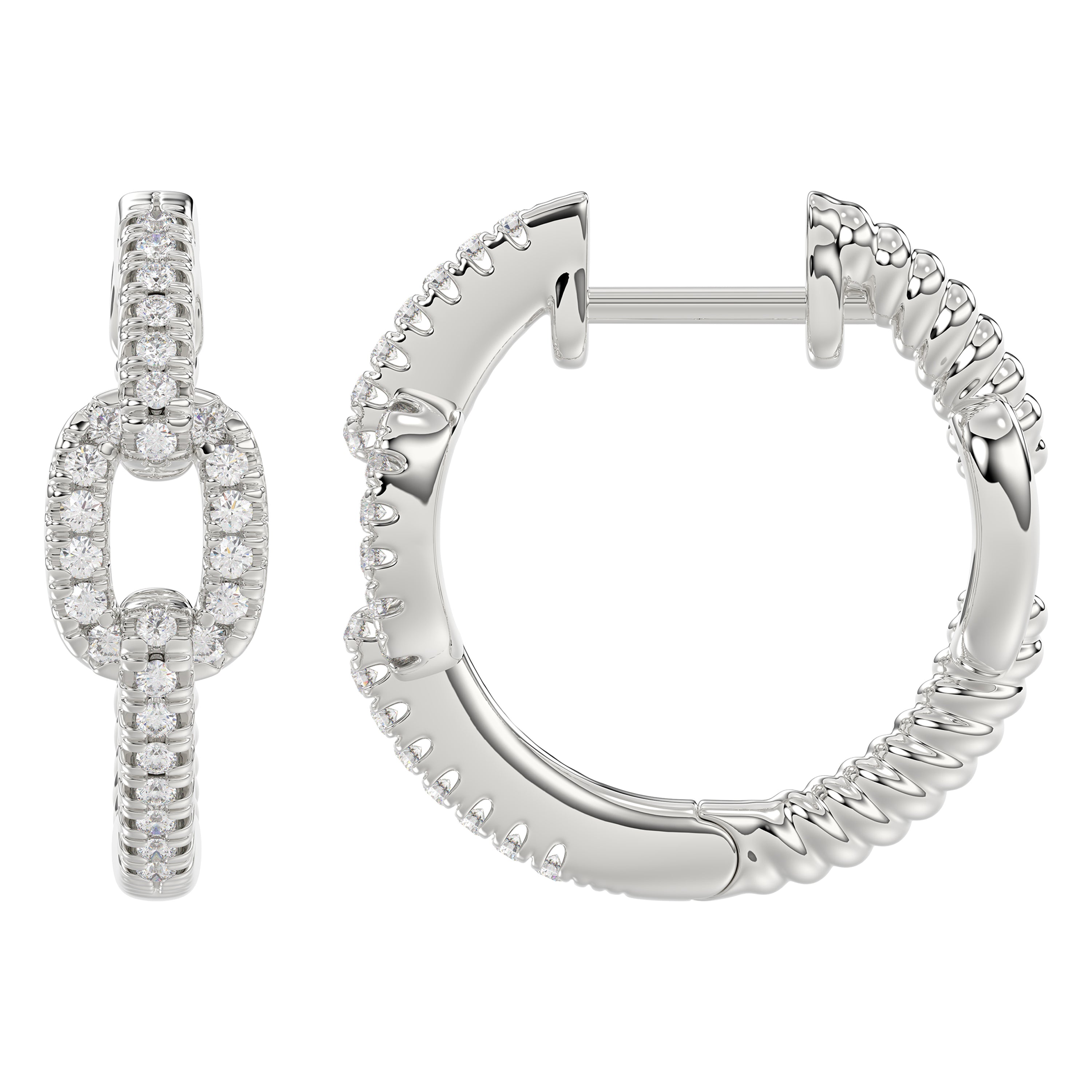 Elegant 10K White Gold Fashion Hoop Earrings Featuring 0.15Ct Round Diamonds With Brilliant Sparkle And Timeless Design.