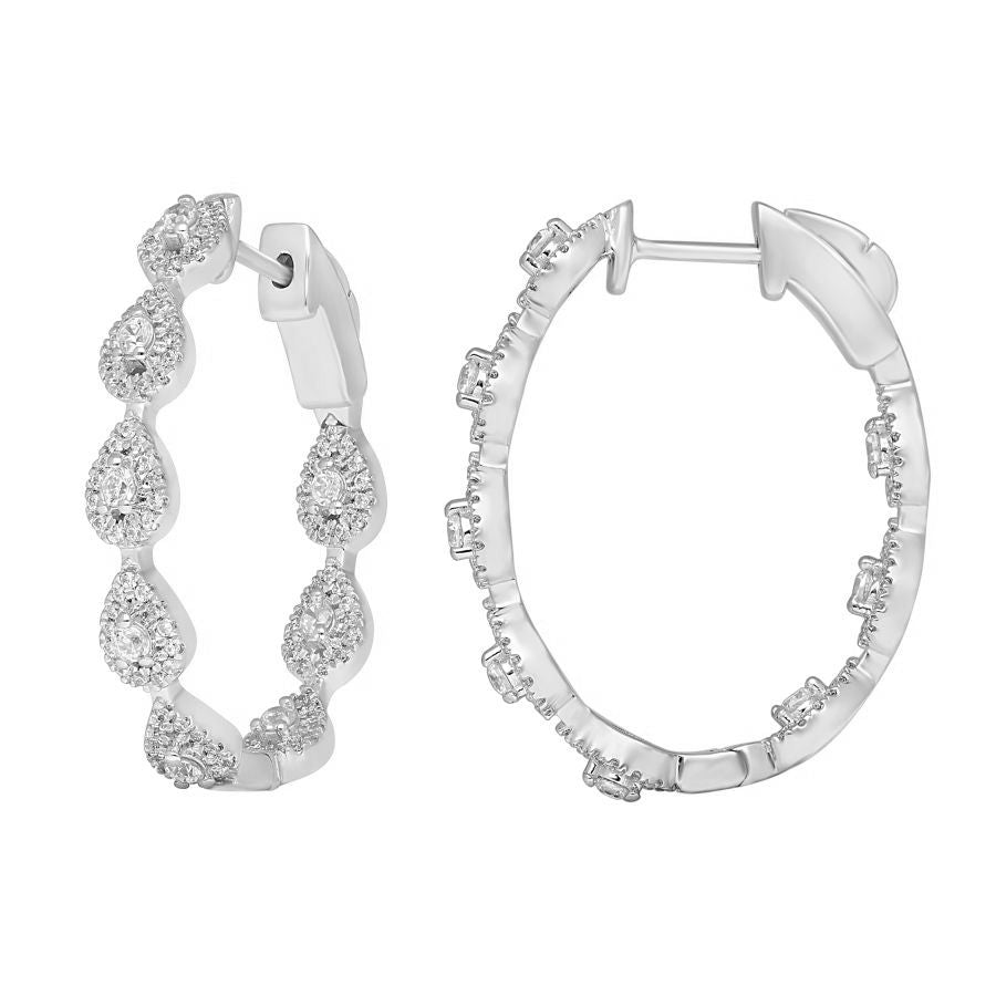 LADIES HOOP EARRINGS 1.00CT ROUND DIAMOND 14K WHITE GOLD