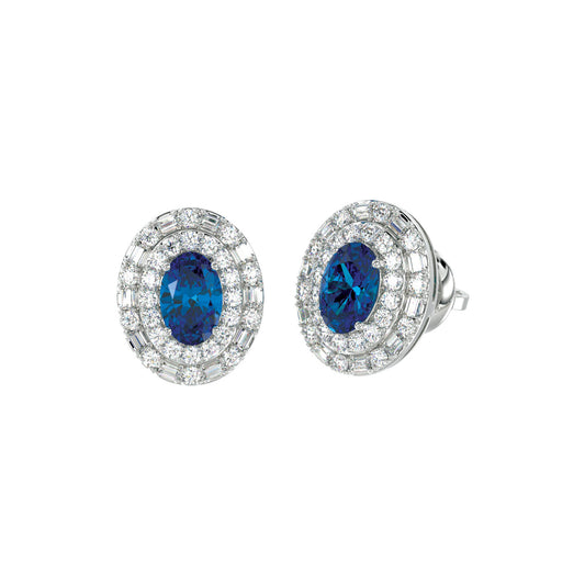 LADIES EARRINGS 1.33CT ROUND/OVAL DIAMOND 14K WHITE GOLD (CENTER STONE TANZANITE OVAL DIAMOND-0.90CT)