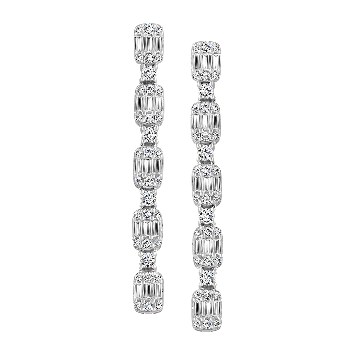 LADIES LINEAR EARRINGS 1.00CT ROUND/BAGUETTE DIAMOND 14K WHITE GOLD