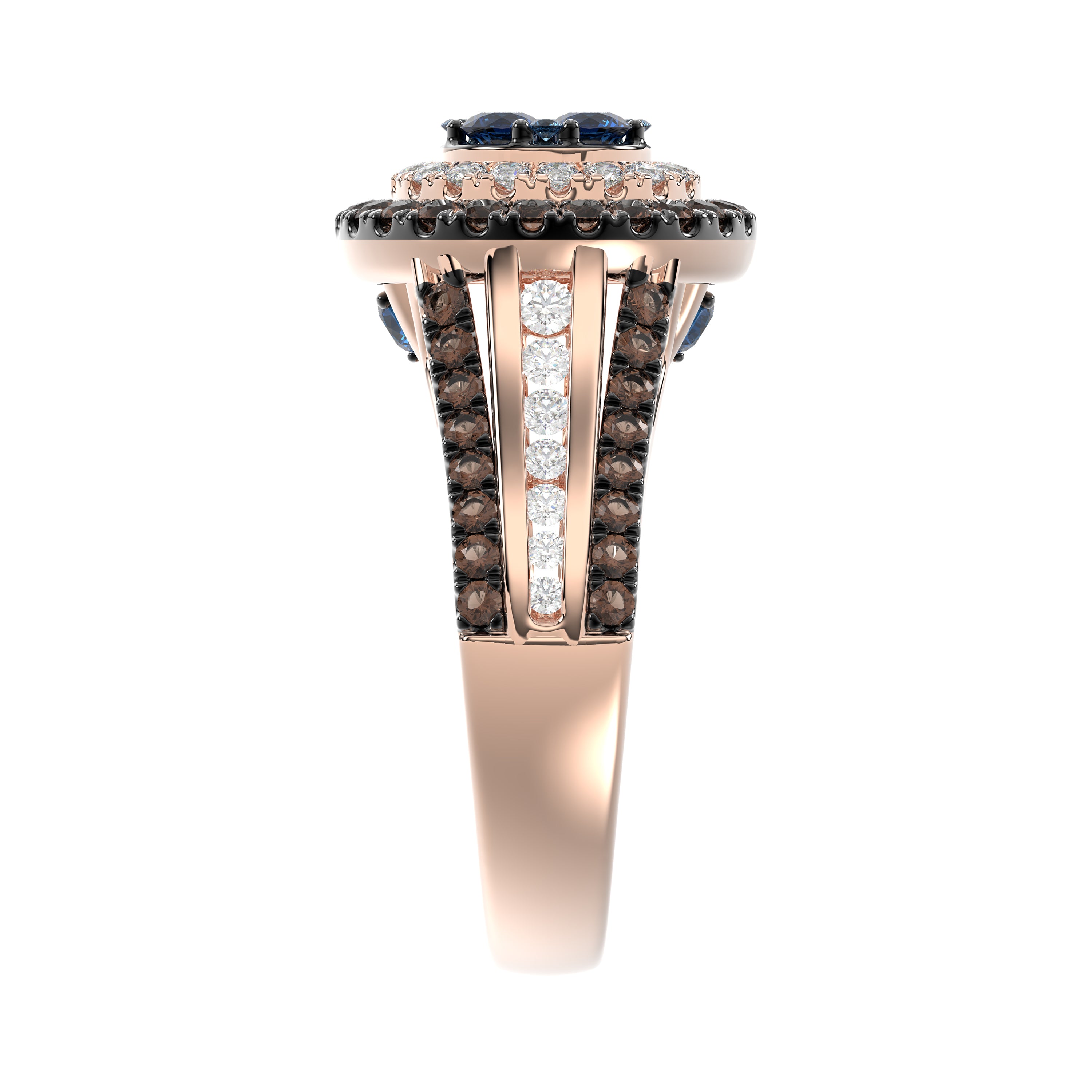 14K Rose Gold Multi Color Diamond Halo Ring 1.50Ct Blue, Dark Brown & Round Diamond Ladies Ring