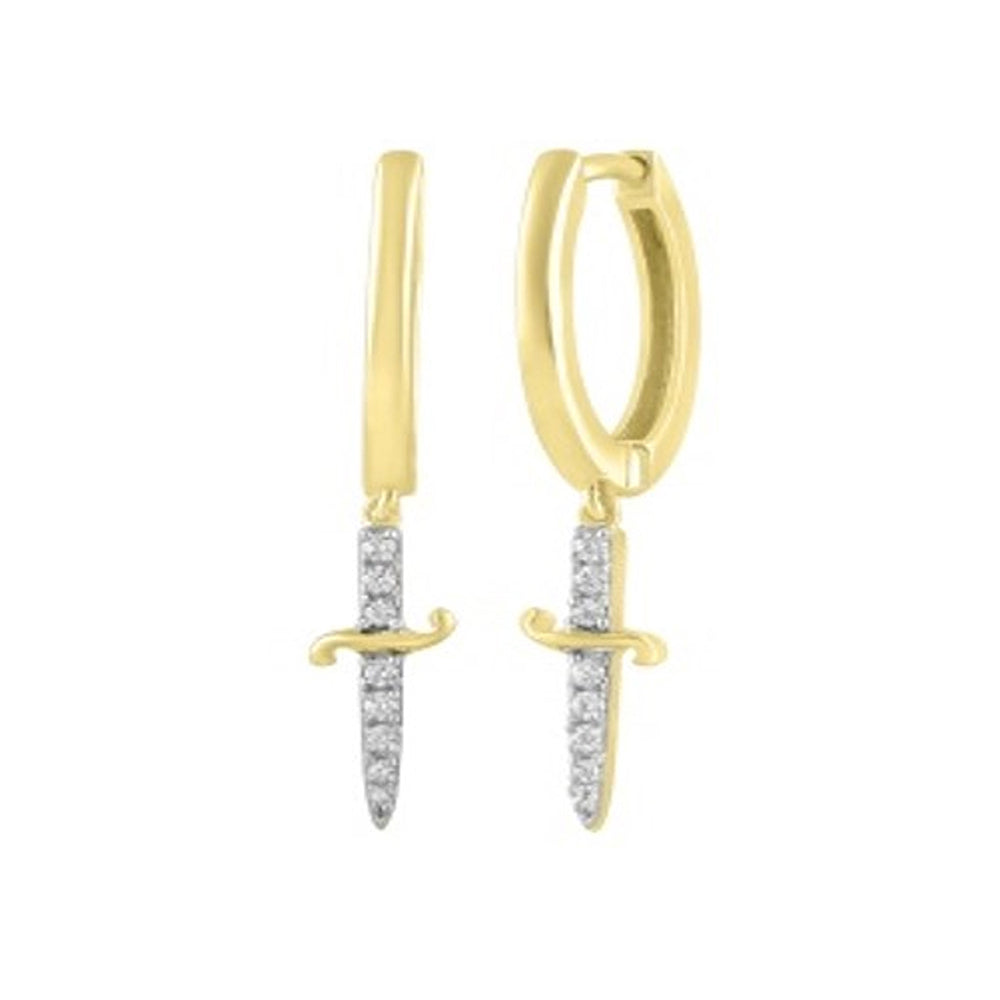 LADIES HOOPS EARRINGS 0.10CT ROUND DIAMOND 10K YELLOW GOLD